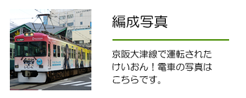 編成写真　京阪大津線で運転されたけいおん！ラッピング電車の写真はこちらです。