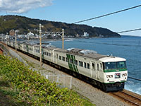 2020年撮影、伊豆急行線片瀬白田駅付近にて撮影。海バックに走る185系7両編成の特急踊り子号が、伊豆急下田へ向かいます。