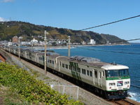 2020年撮影、伊豆急行線片瀬白田駅付近にて撮影。青い海バックに走る185系10両編成の特急踊り子号が、東京へ向かいます。