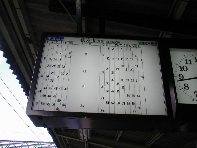 2002年撮影した私市駅の時刻表。昼間は15分に1回です。